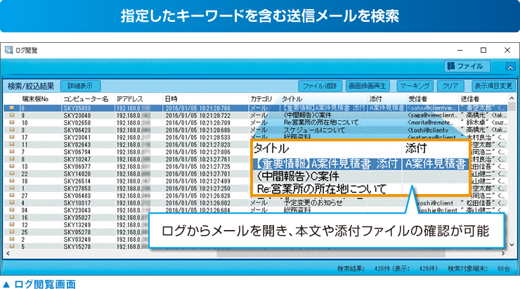 「ログ閲覧」画面：指定したキーワードを含む送信メールを検索