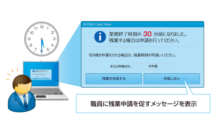 職員に残業申請を促すメッセージを表示