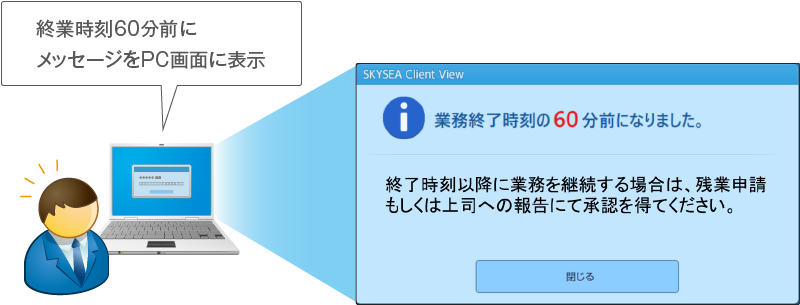 終業時刻60分前にメッセージをPC画面に表示