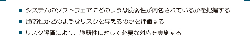 [3つのポイント]システムのソフトウェアにどのような脆弱性が内包されているかを把握する / 脆弱性がどのようなリスクを与えるのかを評価する / リスク評価により、脆弱性に対して必要な対応を実施する